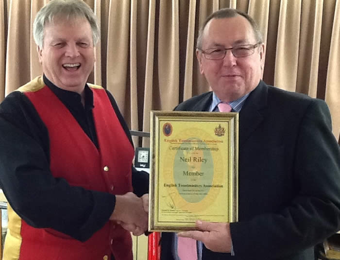 Nottinghamshire Toastmaster Neil Riley gets a big welcome to the family of The English Toastmasters Assocation as our first member to finish our training course in 2013